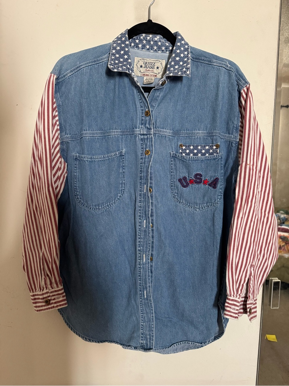 USA Denim USA Button Down Shirt with Red Stripe Sleeves
